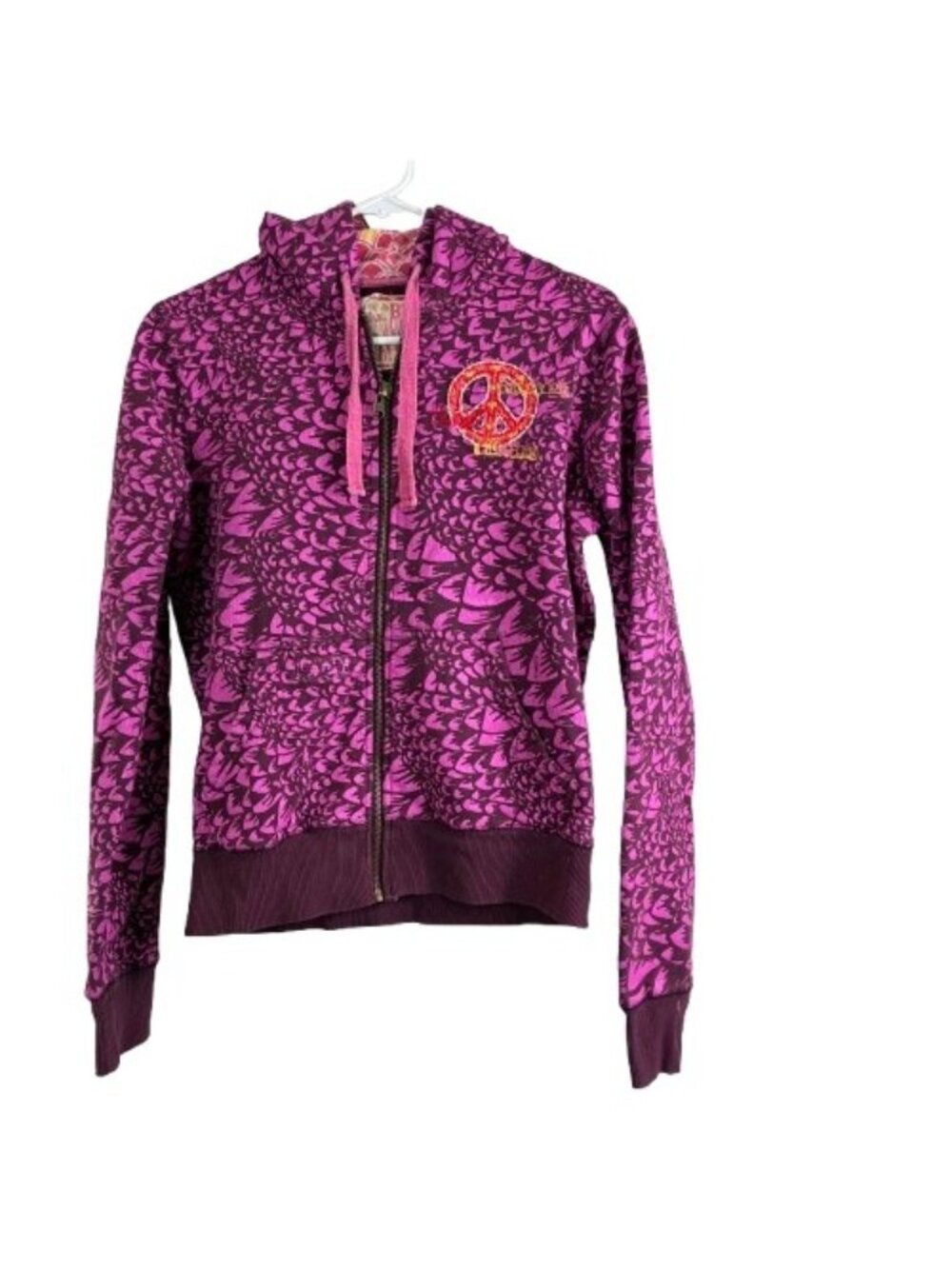 Vintage Y2K Billabong Embroidered Peace Sign Hoodie Purple All Over Print Surf M